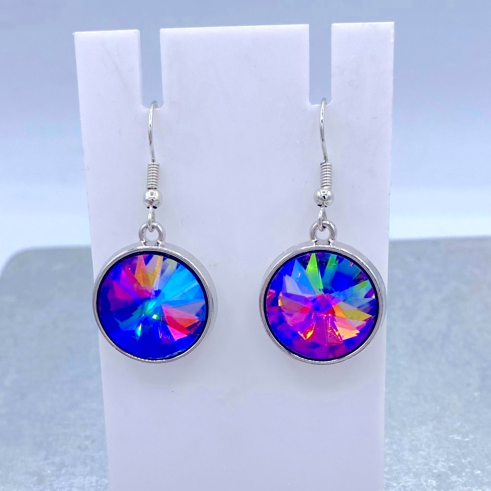 Iridescent Round Crystal Silver Tone Drop Earrings 3/4” Diameter 1 1/2” Long